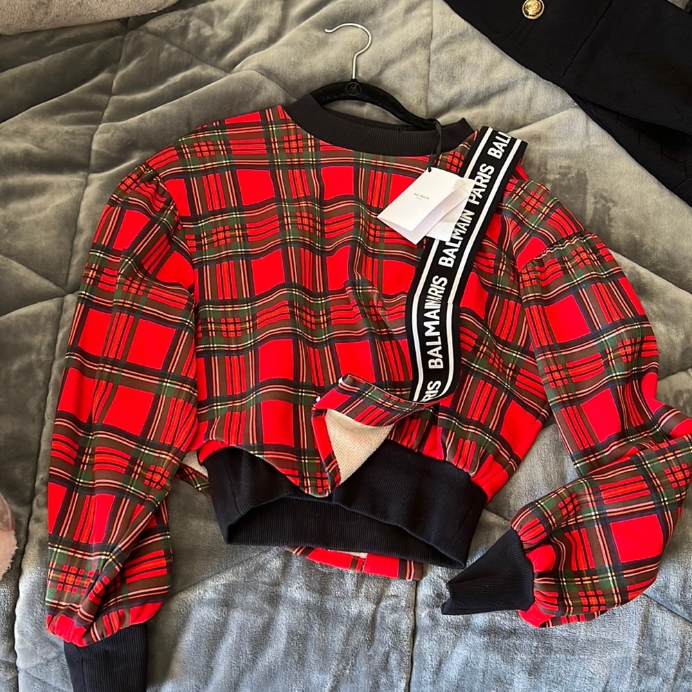 Plaid BALMAIN womens sweatshirt. New w/ Tags. Perfect sweater for the holidays
